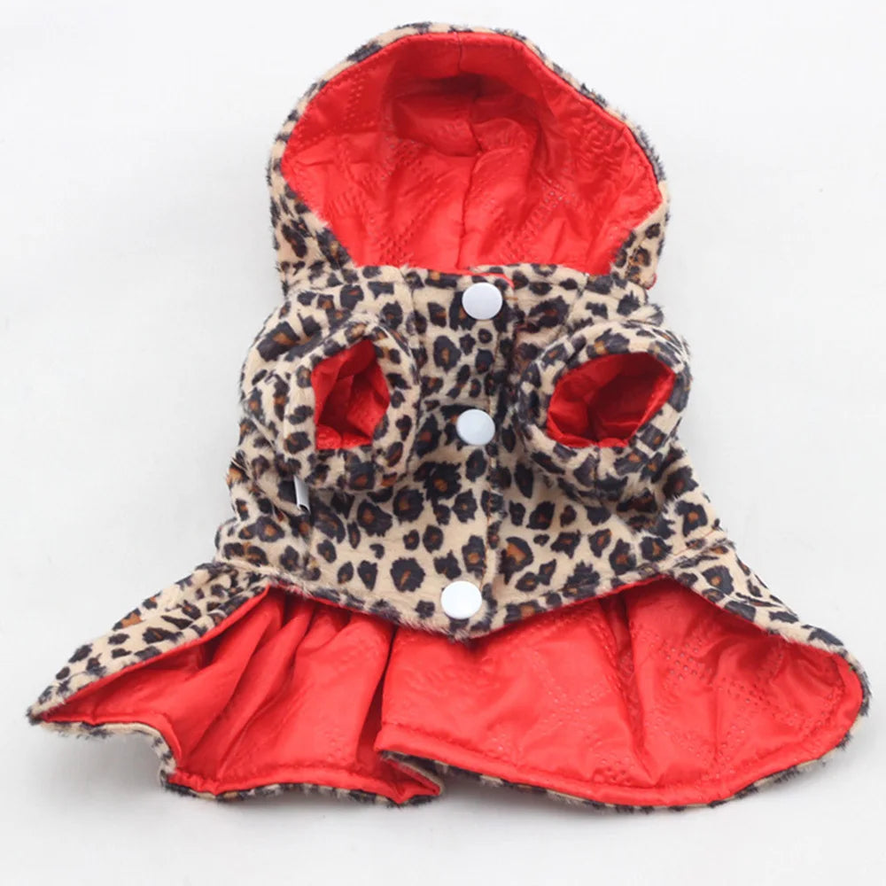 Reversible leopard print dog coat in size Small, shown on a small dog. Features a cozy hood.