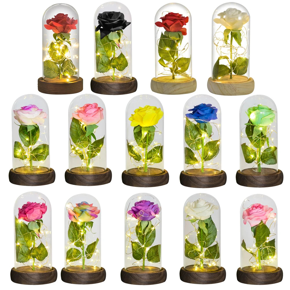 LED rose in glass dome with wooden base, Valentine's gift idea