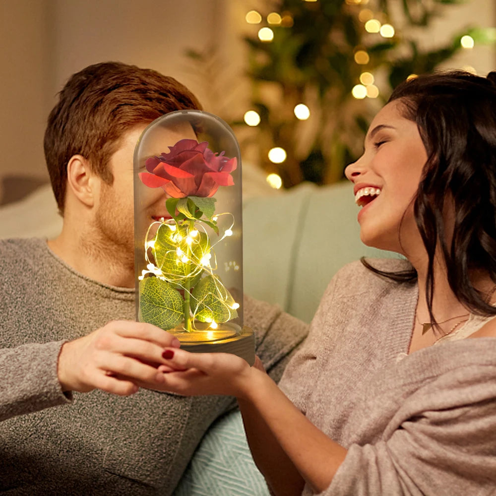 Red eternal rose under glass dome, LED lights, Valentine's gift.