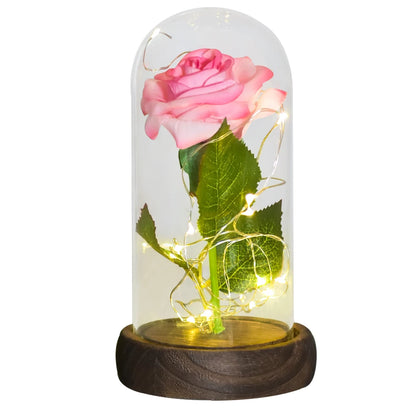 LED rose in glass dome with wooden base, Valentine's gift idea