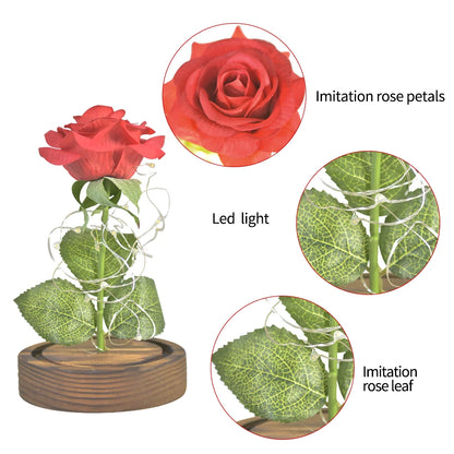 LED rose in glass dome with wooden base, Valentine's gift idea