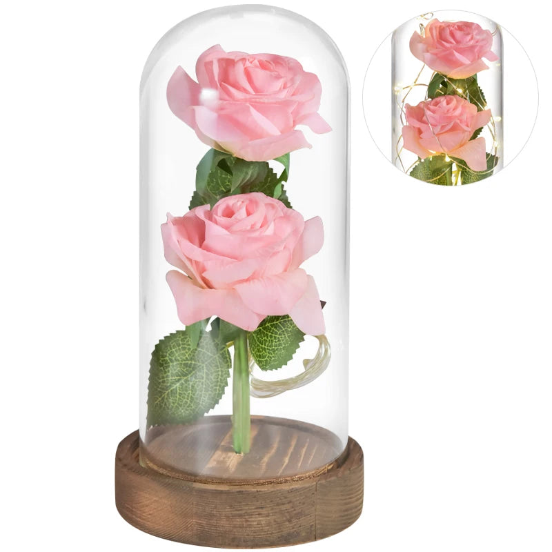 Enchanted LED roses, glass dome, warm white light, Valentine's