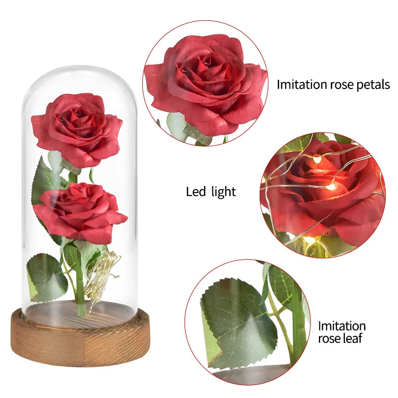 Side view: Enchanted LED roses in glass dome, romantic gift