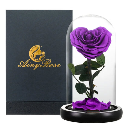 Red preserved rose gift, angled view, reflective glass dome.