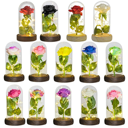 Preserved rose in glass dome, soft LED glow, romantic gift.