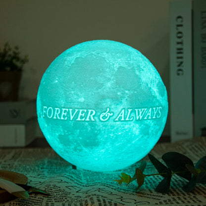 Personalized Moon Lamp: Side view showcasing the wooden stand and soft glow.