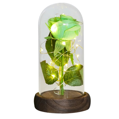 LED rose in glass dome with wooden base, Valentine's gift idea