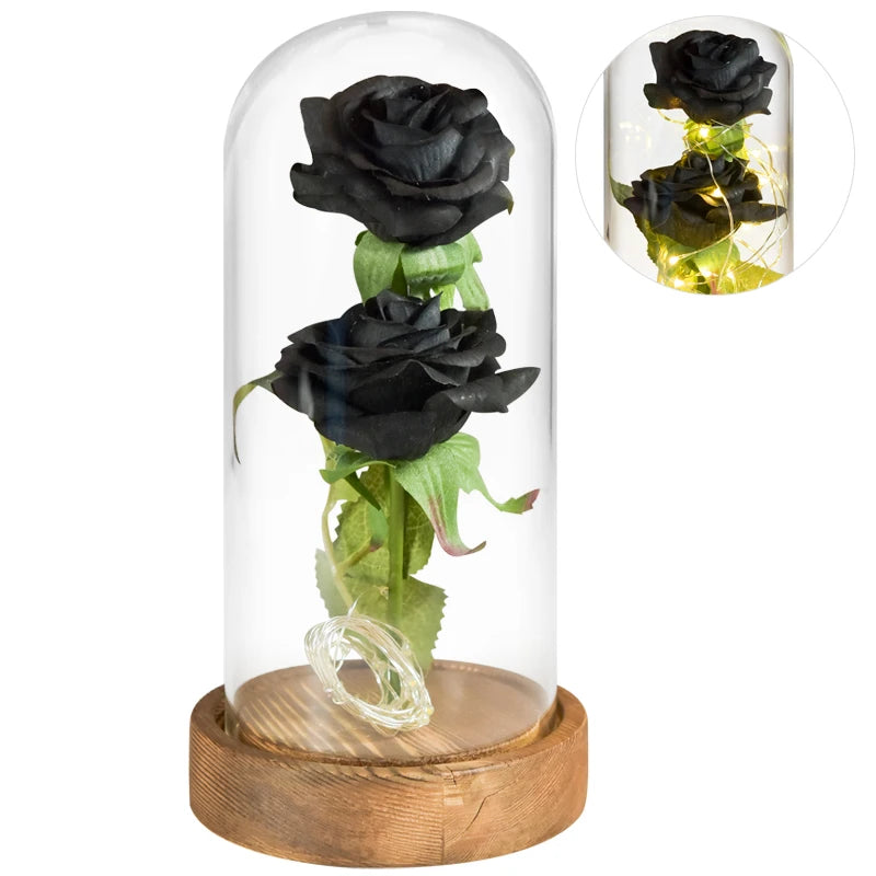 LED rose in glass dome with wooden base, Valentine's gift idea