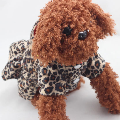 Detail view of the hood on the Small leopard print reversible dog coat. Made from a comfortable cotton blend.