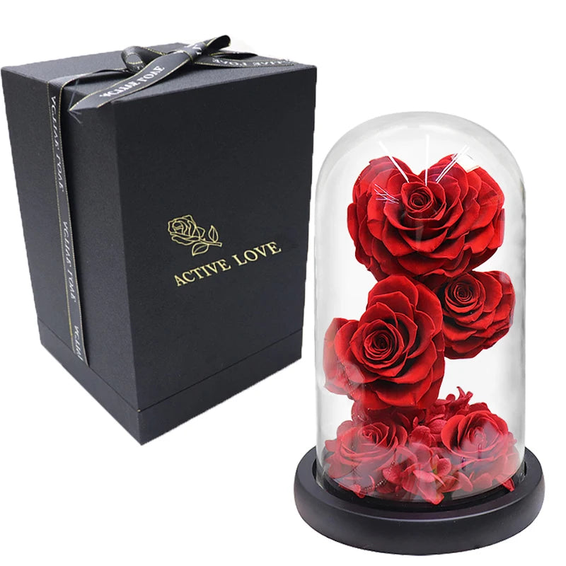 Red preserved rose under glass, side view, Valentine's gift.