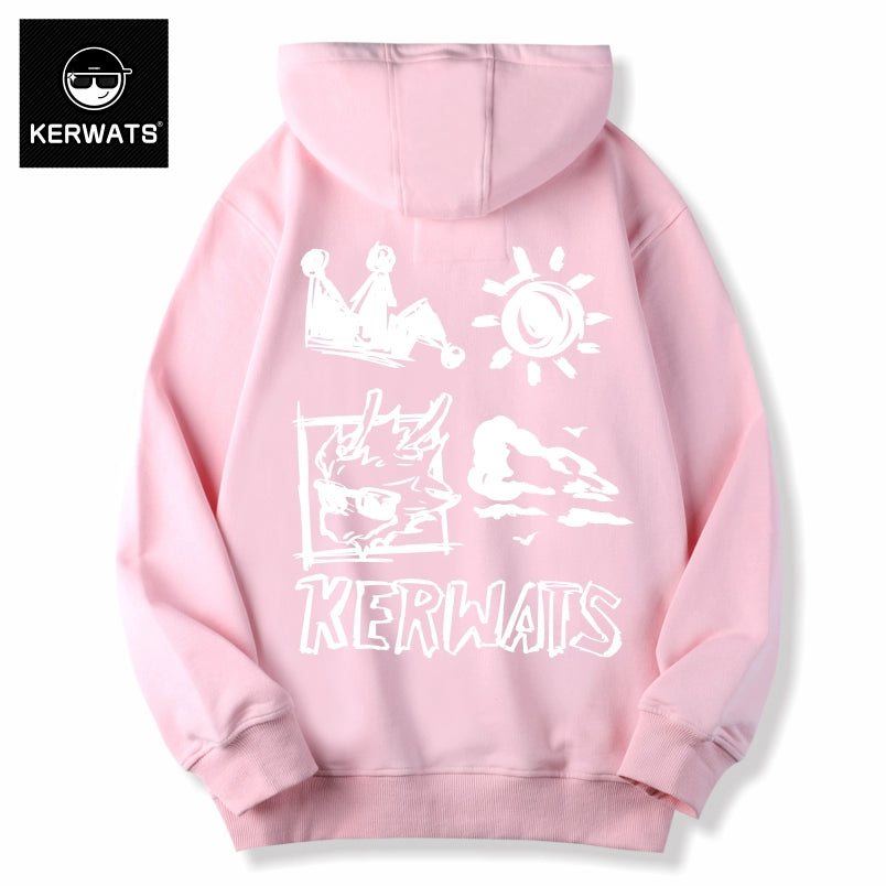 Kerwats genderless hoodie, front pocket detail, animal graffiti print, 100% cotton.