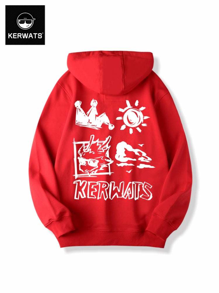 Kerwats genderless loose-fit hoodie with vibrant animal graffiti print on 100% cotton fabric, front view.