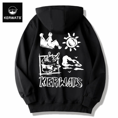 Kerwats loose-fit hoodie, side view, showcasing vibrant animal graffiti print and 100% cotton quality.