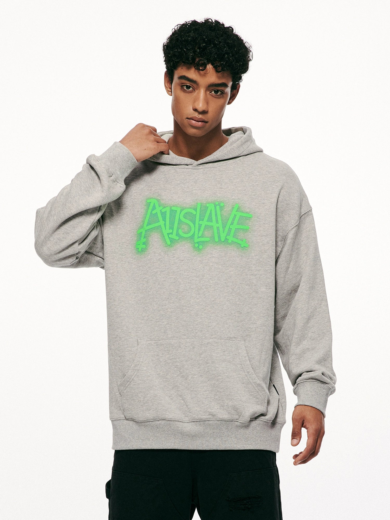 A11Slave Men's Hip Hop Hoodie, Creative Print, Front View, Black.