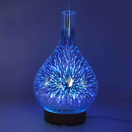 3D Glass Fireworks Aroma Diffuser with colorful LED lights, Close-up of the 3D firework effect,Aroma Diffuser in a bedroom setting, Different color variations of the Aroma Diffuser, User interacting with the Aroma Diffuser controls.