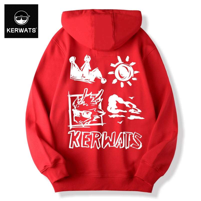 Kerwats genderless hoodie, vibrant animal graffiti print, loose-fit, 100% cotton, back view.