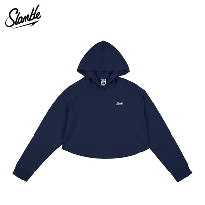 Slamble Hoodie in Navy Blue - Detail View, showcasing embroidered logo