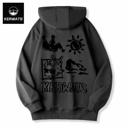 Kerwats genderless hoodie, animal graffiti print detail, 100% cotton, close-up on fabric texture.