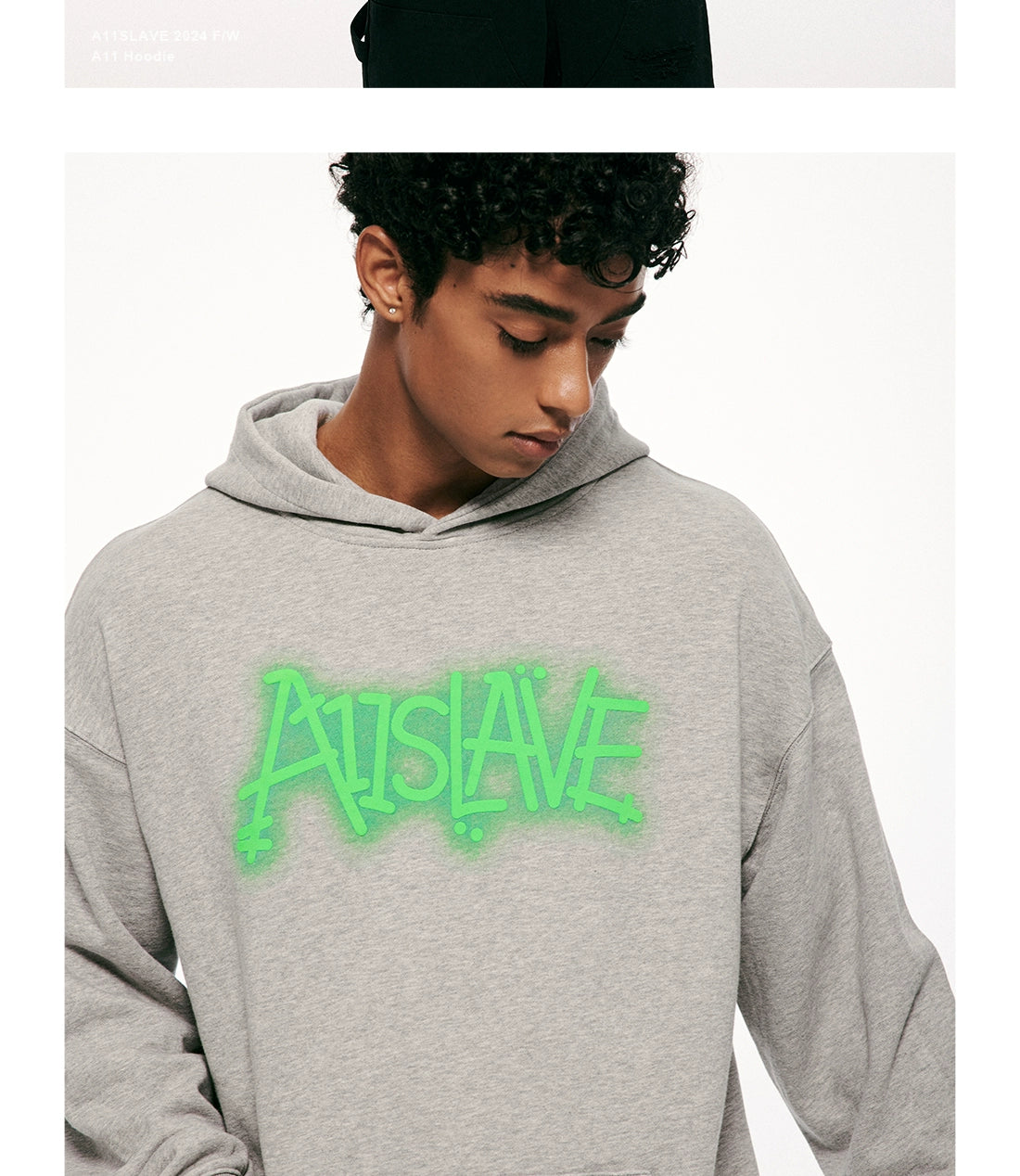 A11Slave Hip Hop Hoodie, Blue, Drawstring Hood, Side View