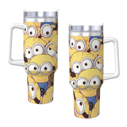 Minions tumbler, side view, showing stainless steel body and lid, with straw inserted.