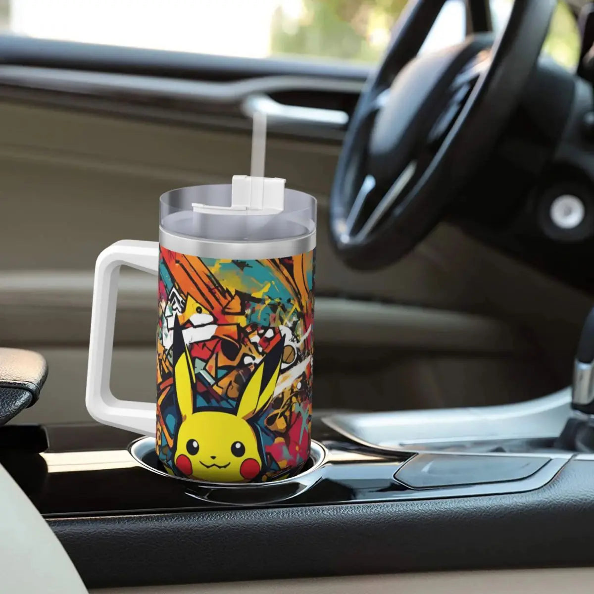 Pokémon Stainless Steel Tumbler lid detail, showing the secure closure and reusable straw opening. BPA-free and easy to clean. (Focuses on a specific feature and mentions material benefits)