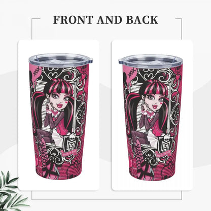 Monster High Draculaura 20oz tumbler, stainless steel, with pink lid and straw.