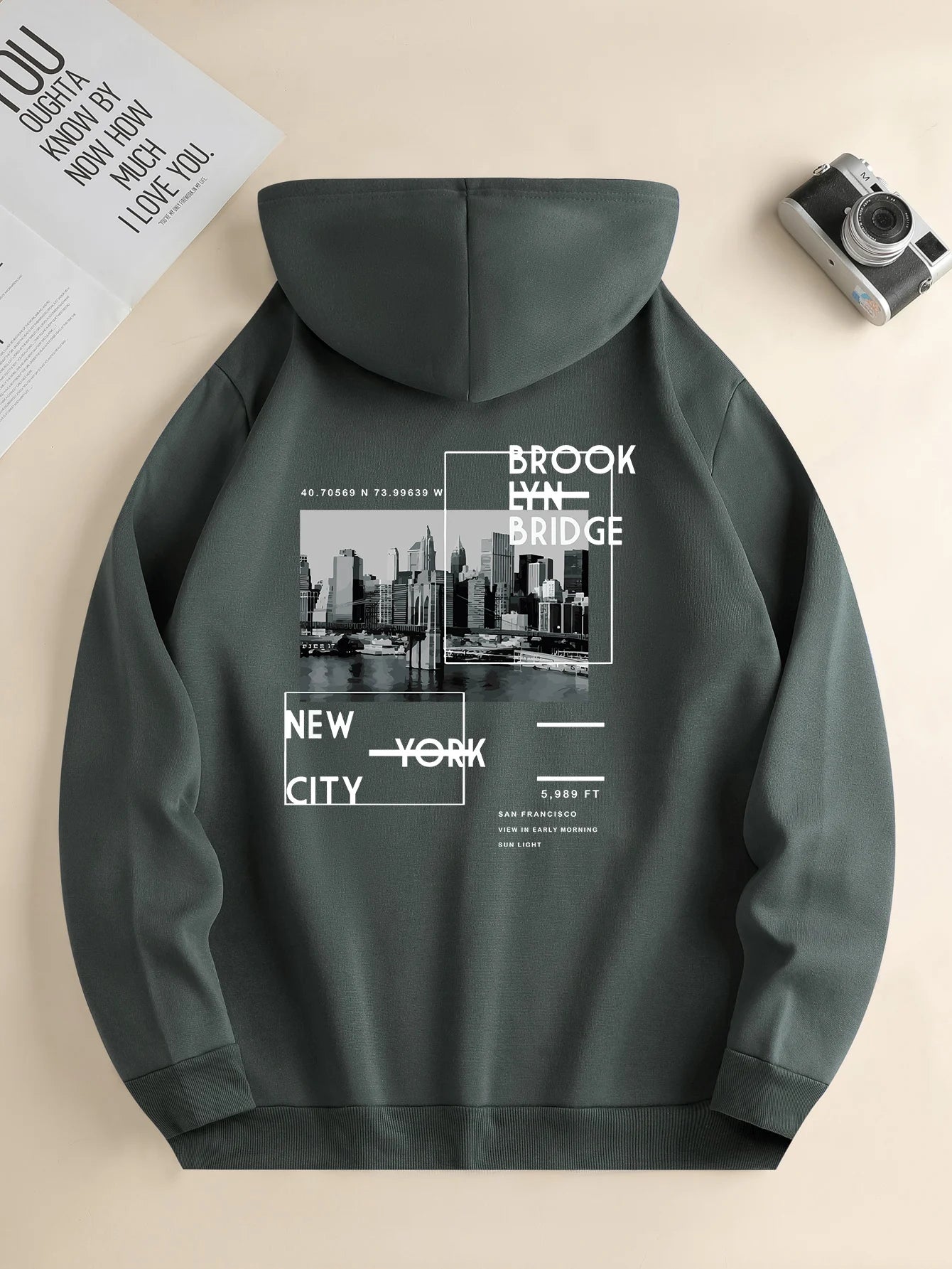 Back view, men's city print hoodie, casual style, Valentine's Day.