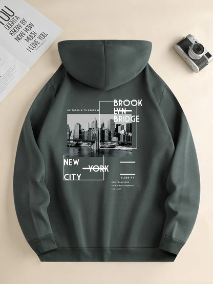 Back view, men's city print hoodie, casual style, Valentine's Day.