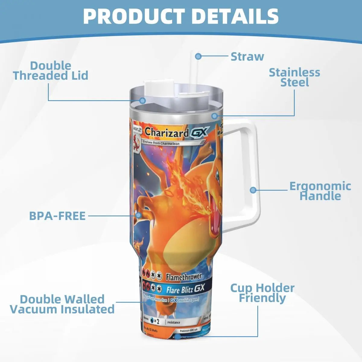 Charizard tumbler next to a pokeball:Charizard Steel Tumbler & Pokeball - Perfect Pokemon Gift for Hot/Cold Beverages *Suggests a gift idea and mentions both items in the image.*