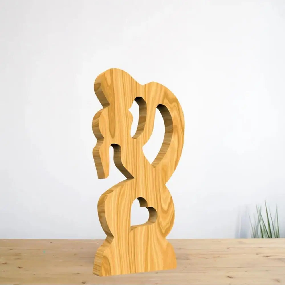 Romantic wooden sculpture of couple, side view, perfect for anniversary or Valentine's.