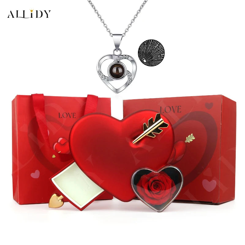 Gift set with preserved rose and necklace, romantic Valentine's Day present.