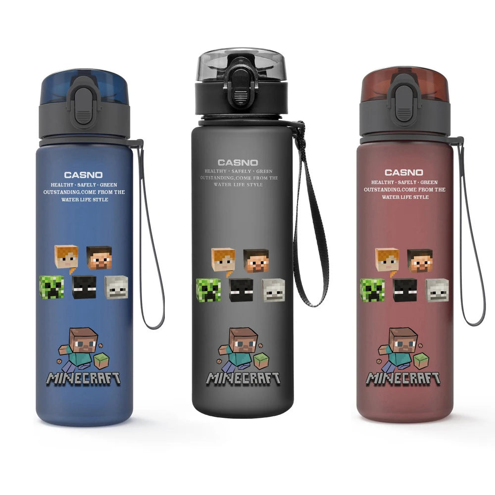 MINISO Minecraft water bottle, side view showing 560ML capacity.