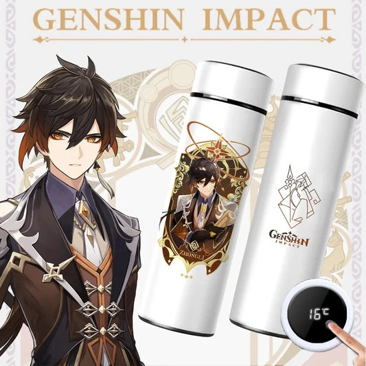 Genshin Impact Thermos Bottle featuring Hutao, Klee, Beelzebul, and Zhongli character designs, made of stainless steel with temperature display