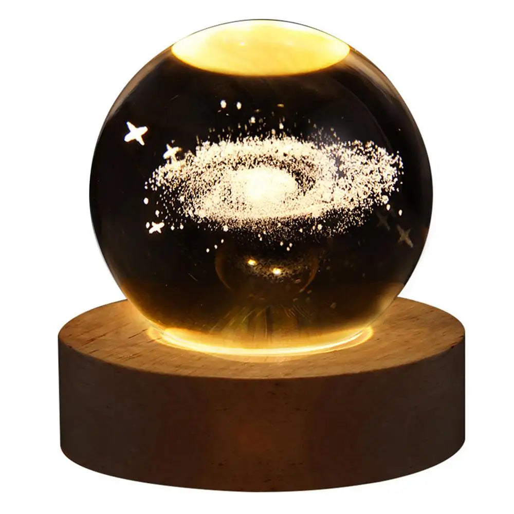 Moon Night Light, 3D Crystal Ball on Wooden Base, Ambient Lighting