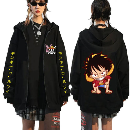 One Piece Hoodie: Luffy & Zoro Front Design. (Focuses on key characters and the view)