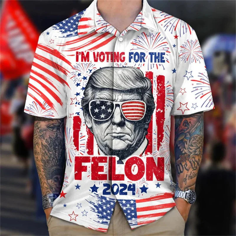 Front view of a man wearing a vibrant Trump T-shirt featuring a 3D-printed graphic, showcasing a unique and humorous design.