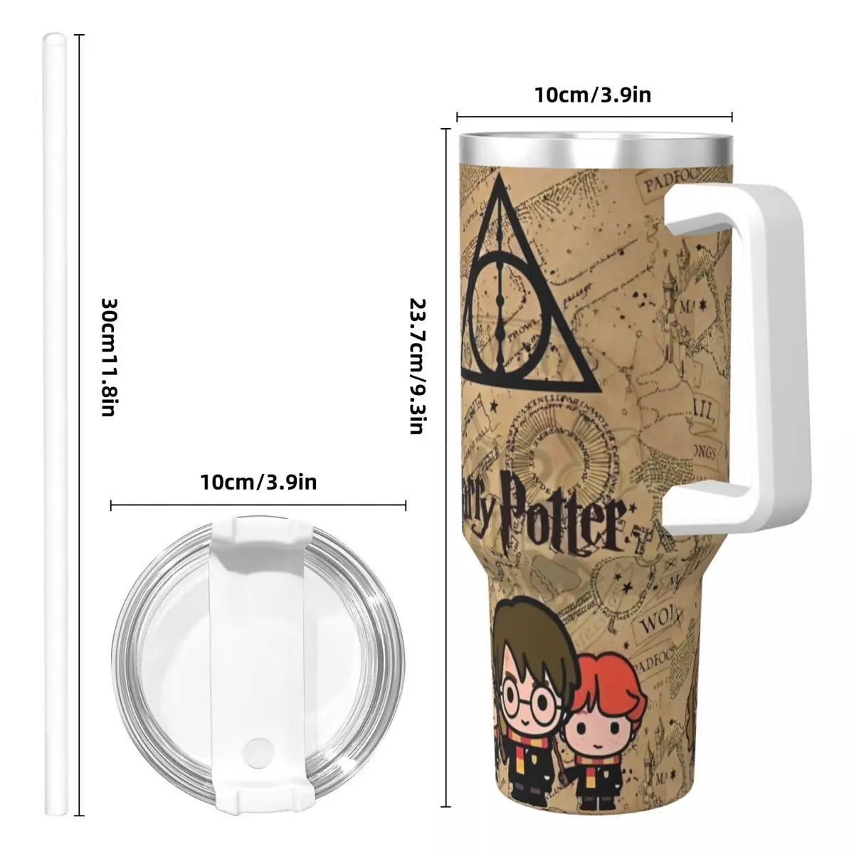 Harry Potter Marauder's Map Tumbler -In Hand, Showing Size & Comfortable Grip. (Emphasizes the design and demonstrates scale/usability with the "in hand" element)