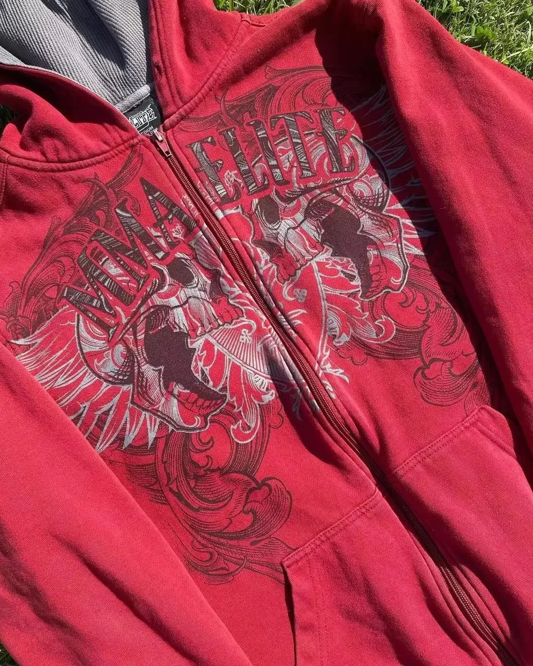 Red Y2K hoodie, vintage skull and snake print, couple style.