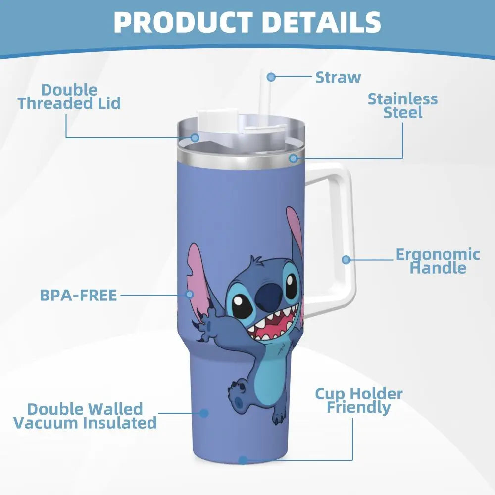 Stitch-themed 40oz tumbler, MINISO, base view showing non-slip bottom, insulated.