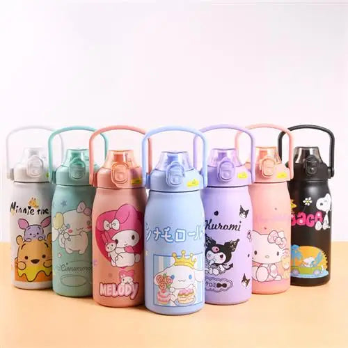 Sanrio Y2K Hello Kitty Kuromi Cinnamoroll 1200ml thermos water bottle, featuring cute anime designs, ideal for school children and students.