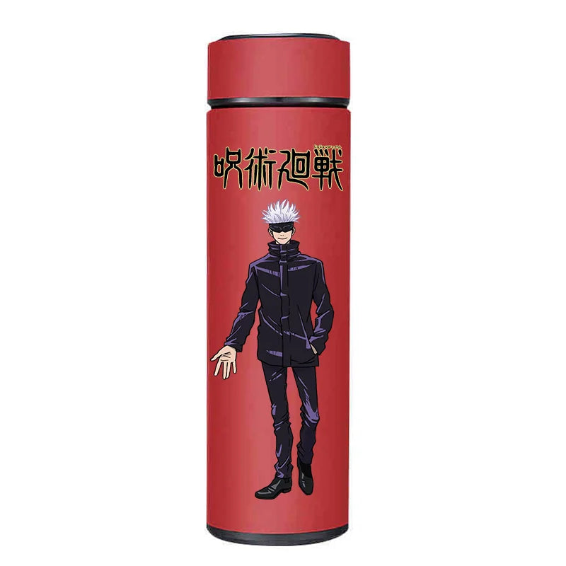 Jujutsu Kaisen thermos, close-up on Gojo, Nobara, and Yuji artwork.