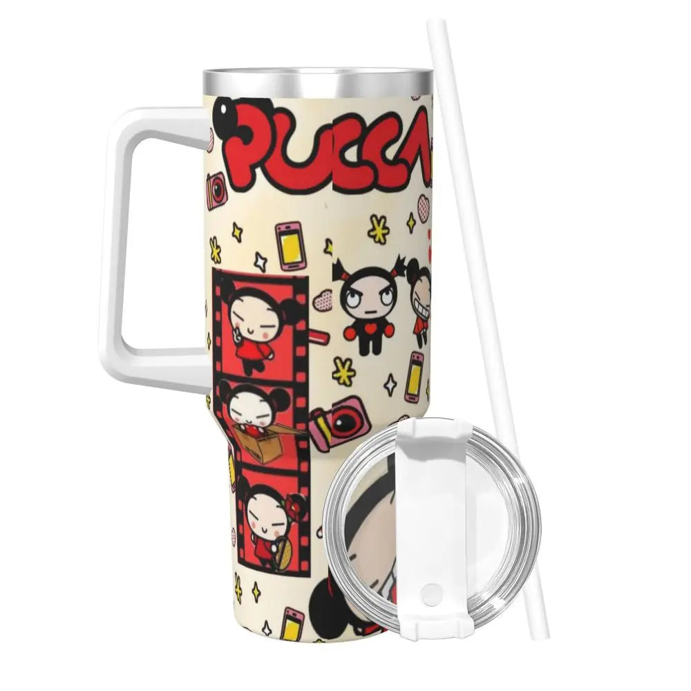 Pucca 40oz tumbler, stainless steel, insulated, with handle & straw, pink.