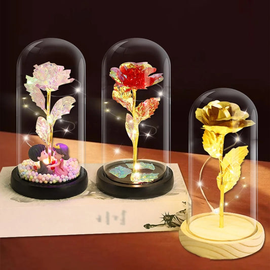 Eternal rose with LED lights in a glass dome, a romantic Valentine's Day gift