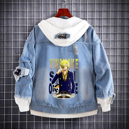 Ace portrayal on One Piece denim jacket, side profile showcasing flames.