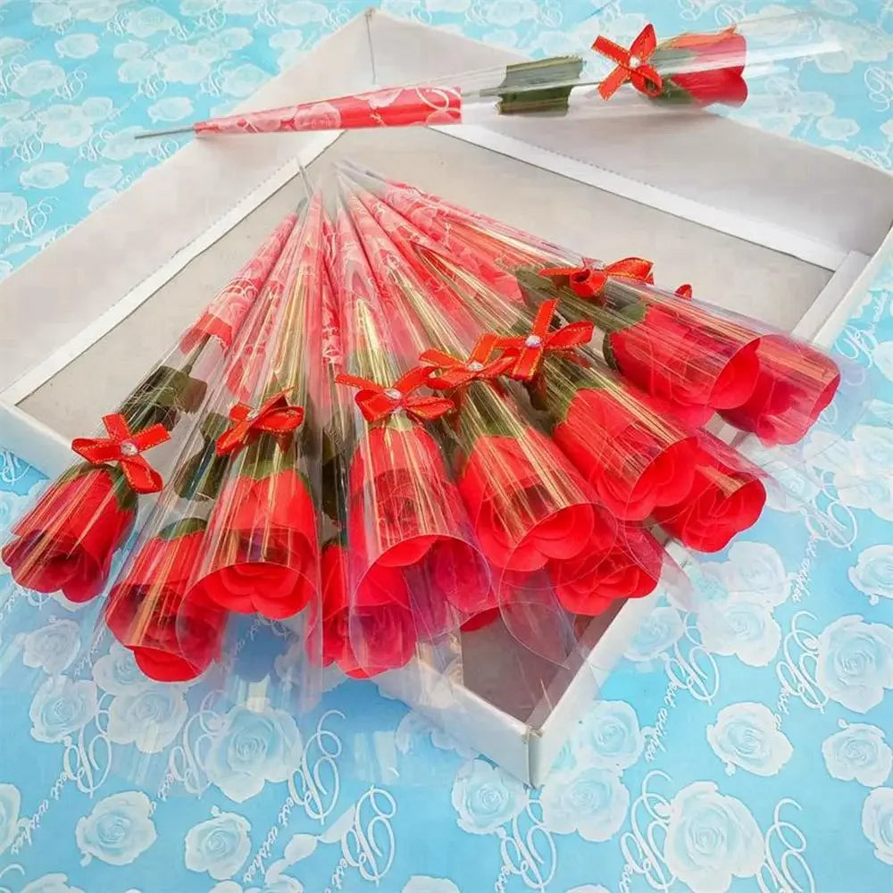 Bouquet of 10 red soap roses, ideal for wedding decor.