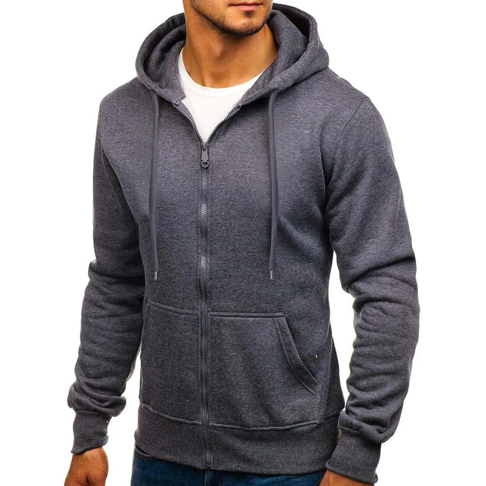 Men's Navy Blue Fleece Hoodie - Close-up of Zipper and Drawstrings