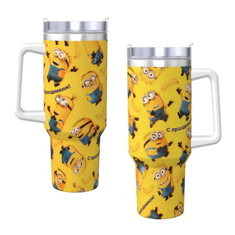 Minions stainless steel tumbler, close-up of character design, with straw.