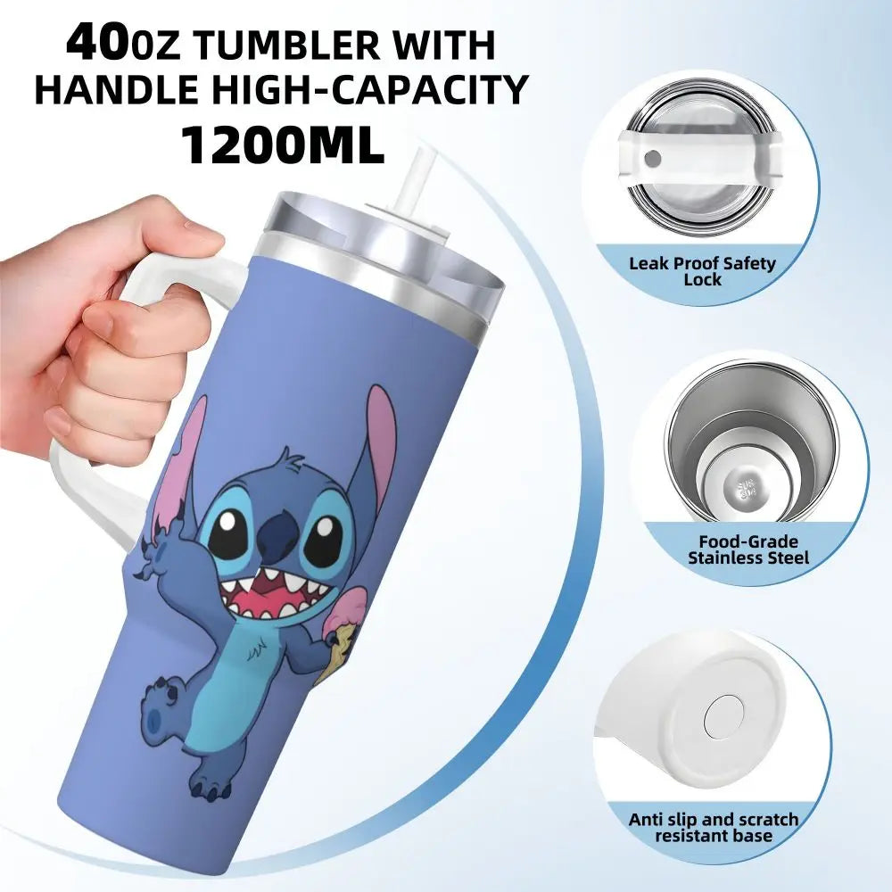 MINISO Disney Stitch tumbler, 40oz capacity, insulated, featuring straw and handle, angled view.