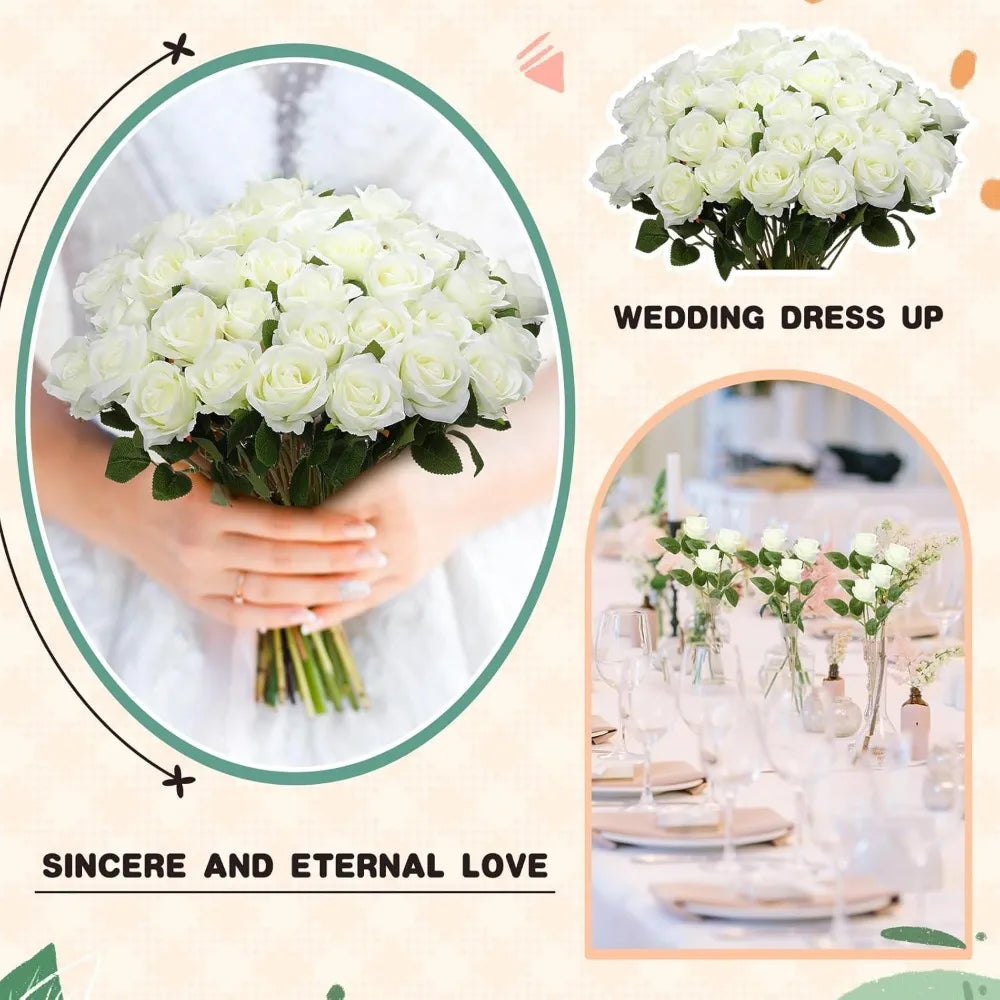 Centerpiece featuring artificial white silk roses, ideal for wedding decor.