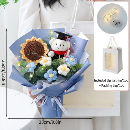 LED Crochet Bouquet: Graduation Bear, Sunflowers, Handcrafted